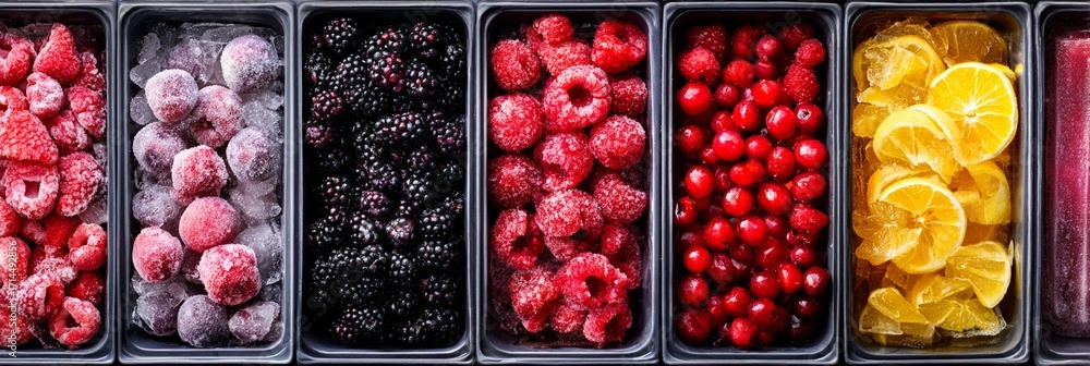 Poster vibrant frozen berries and citrus slices arranged in neat rows, showcasing a colorful spectrum from 