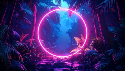 Neon circle in a lush tropical jungle