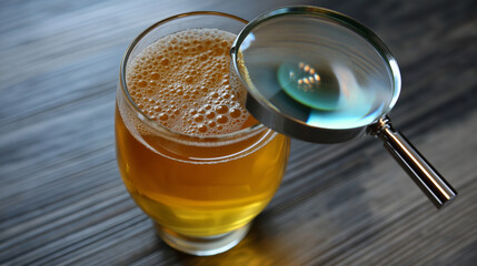 Magnifying glass hovering above probiotic-rich kombucha glass.