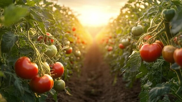 Tomato Garden: A vibrant tomato garden bathed in the warm glow of the sun, with rows of ripe, juicy tomatoes thriving in a lush, cultivated landscape.