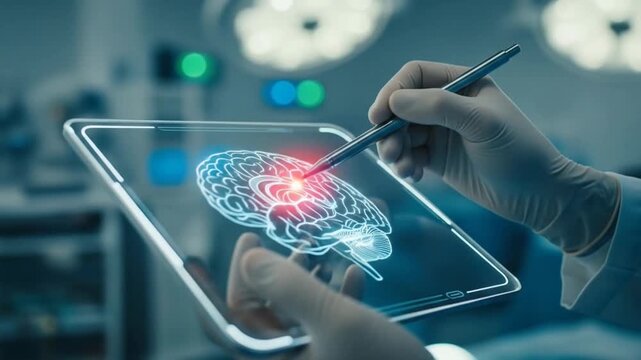 Medical professional utilizing advanced technology for brain scan analysis in surgery