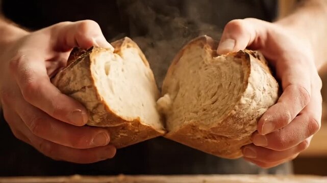 Hands carefully breaking apart a warm, crusty loaf of artisan bread, releasing steam.