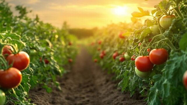 Tomato Harvest: A sun-kissed tomato field, ripe with vibrant red fruit, embodies the essence of agricultural bounty and nature's richness.