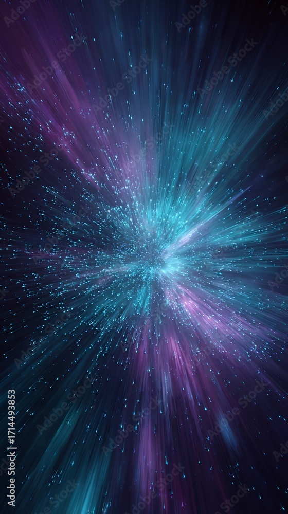Poster Cosmic explosion of vibrant turquoise and purple light particles bursting from central point, creating dynamic radial motion with sparkling starry effect against deep dark background