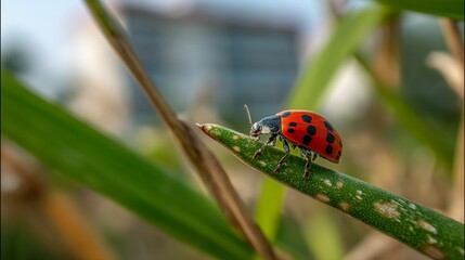 Obraz premium A vibrant ladybug perched on a green stem, showcasing its striking red and black colors against a blurred background of nature, capturing the essence of macro photography perfectly.