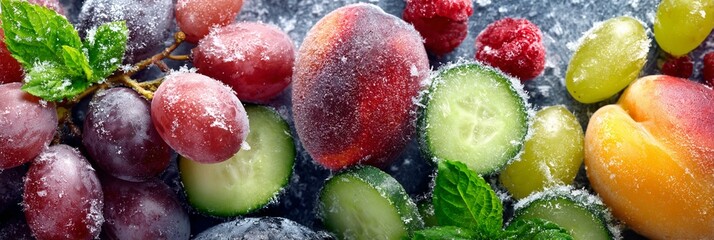 Vibrant frozen fruits and vegetables with delicate frost crystals, showcasing a colorful array of fresh produce in a chilled, glistening composition