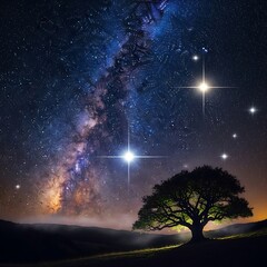 A stunning nocturnal landscape showcases a majestic tree illuminated by a brilliant celestial spectacle.