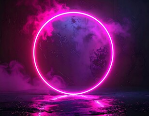 Neon circle in a smoky, dark room
