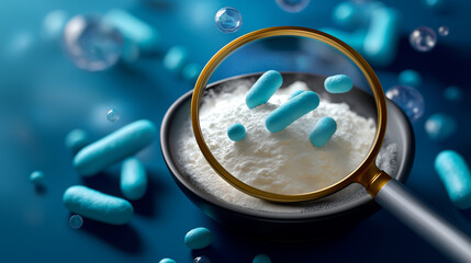 Magnifying glass revealing microscopic bacteria icons over probiotic powder.