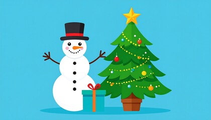 Cartoon snowman and Christmas tree