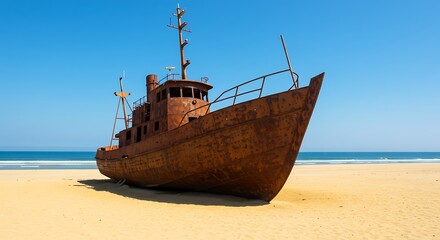 Fototapeta premium Rusty shipwreck stranded on a sandy beach under a clear blue sky