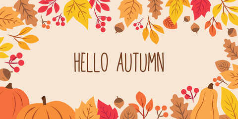 Naklejka premium Fall background with colorful autumn leaves and pumpkins in flat doodle style