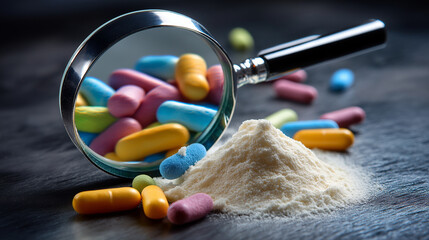 Magnifying glass revealing microscopic bacteria icons over probiotic powder.