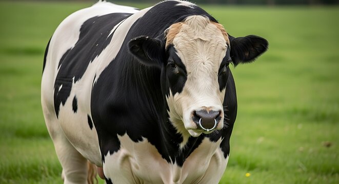 A large black and white bull stands in a green field, showcasing its powerful build and distinctive nose ring in a natural setting