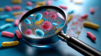 Magnifying glass revealing microscopic bacteria icons over probiotic powder.