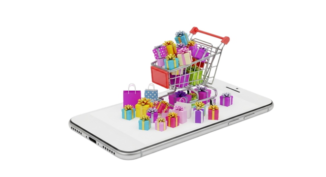Dive into a world of delightful gifts online A mini shopping cart brimming with colorful surprises on a sleek phone