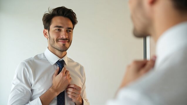 Young man adjusting tie while looking at reflection in mirror