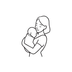 Black and white line art of a beautiful mother lovingly embracing her baby minimalist tender illustration
