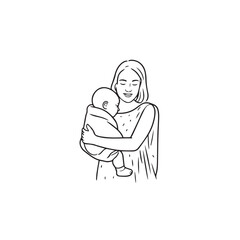 Black and white line art of a beautiful mother lovingly embracing her baby minimalist tender illustration
