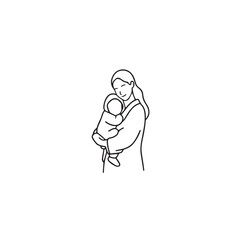 Black and white line art of a beautiful mother lovingly embracing her baby minimalist tender illustration