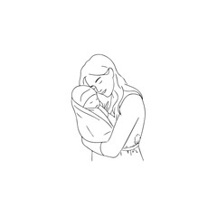 Black and white line art of a beautiful mother lovingly embracing her baby minimalist tender illustration