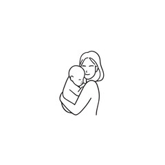 Black and white line art of a beautiful mother lovingly embracing her baby minimalist tender illustration