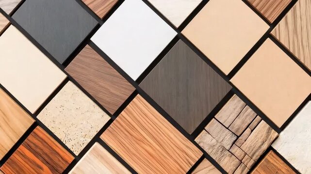 A patchwork wall made of rectangular wooden blocks in different tones and grain patterns.