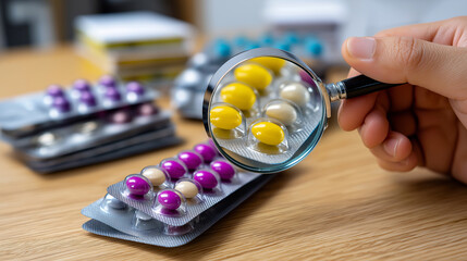 A hand holding a magnifying glass over blister packs of probiotic tablets.