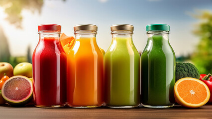 Assortment of fresh juice bottles with fruits like oranges, apples, and berries.