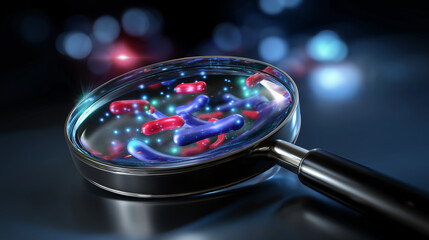 3D visualization of probiotics as glowing bacteria seen through a magnifier.