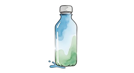 Naklejka premium Watercolor illustration of a clear plastic bottle with blue and green liquid isolated on a white background with a small spill at the base.