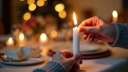 Hands lighting candle on festive Thanksgiving dinner table