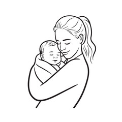 Black and white line art of a beautiful mother lovingly embracing her baby minimalist tender illustration