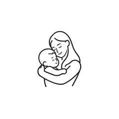 Black and white line art of a beautiful mother lovingly embracing her baby minimalist tender illustration