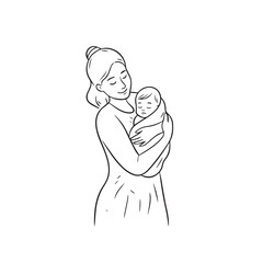 Black and white line art of a beautiful mother lovingly embracing her baby minimalist tender illustration