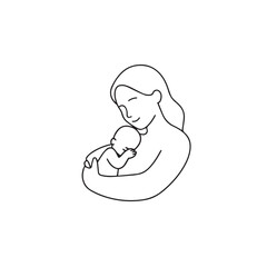Black and white line art of a beautiful mother lovingly embracing her baby minimalist tender illustration