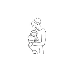 Black and white line art of a beautiful mother lovingly embracing her baby minimalist tender illustration