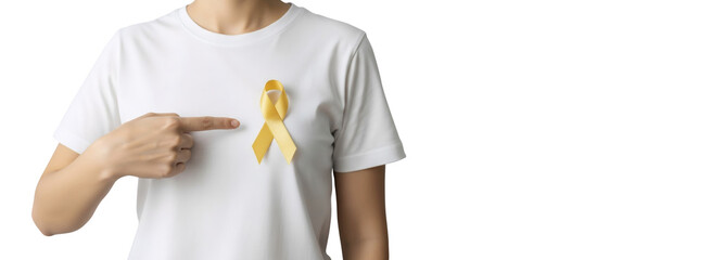 Сaucasian woman stands with a yellow ribbon on t-shirt on transparent background. Banner png for childhood cancer awareness month concept and support for disease patients.