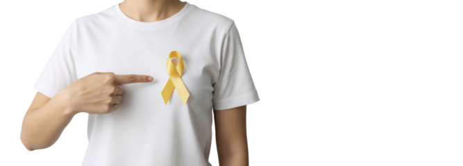 Сaucasian woman stands with a yellow ribbon on t-shirt on transparent background. Banner png for childhood cancer awareness month concept and support for disease patients.