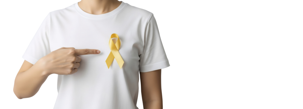 Сaucasian woman stands with a yellow ribbon on t-shirt on transparent background. Banner png for childhood cancer awareness month concept and support for disease patients.