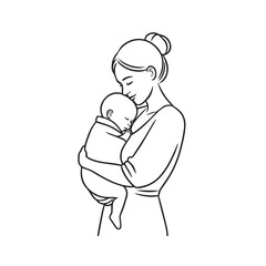 Black and white line art of a beautiful mother lovingly embracing her baby minimalist tender illustration