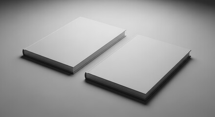 Two blank book covers, rendered in grayscale, sit angled on a neutral backdrop.
