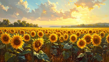 Obraz premium A field of sunflowers. Oil painting texture.