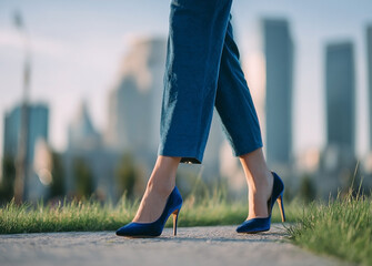 Elegance in Motion: Woman Walking in Blue Heels Against Urban Backdrop