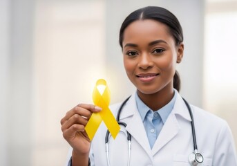 Woman African American doctor holds yellow awareness ribbon. Medical professional supports disease chilhood cancer. Banner template healthcare campaign symbol for World Cancer Day and hope.