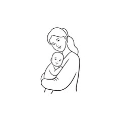 Black and white line art of a beautiful mother lovingly embracing her baby minimalist tender illustration