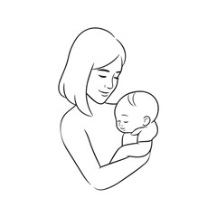 Black and white line art of a beautiful mother lovingly embracing her baby minimalist tender illustration