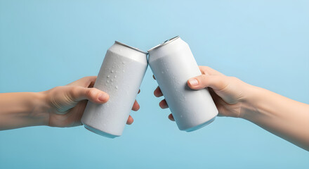 Two hands clinking plain white beverage cans with water droplets against blue background, banner template for beer soda or energy drink promotions social media ads or branding mockups, wide copyspace.