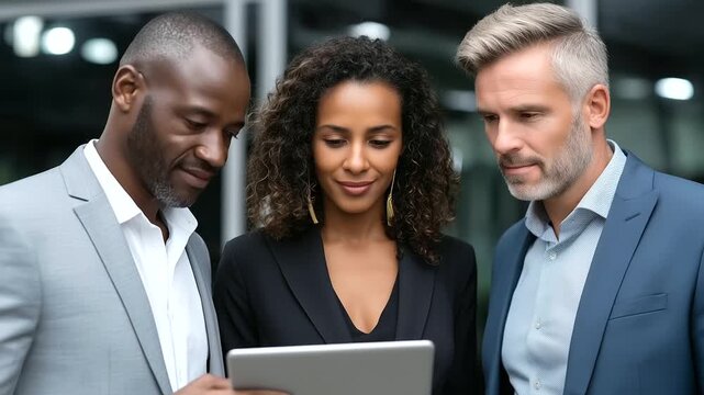 Three diverse business professionals, two men and one woman, standing near office window with tablet and printed charts, serious discussion of financial data. business team