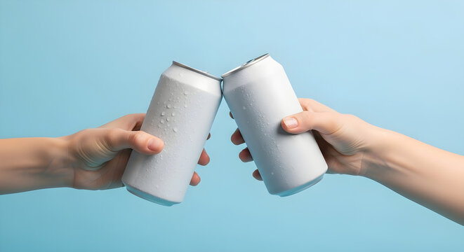 Two hands clinking plain white beverage cans with water droplets against blue background, banner template for beer soda or energy drink promotions social media ads or branding mockups, wide copyspace.